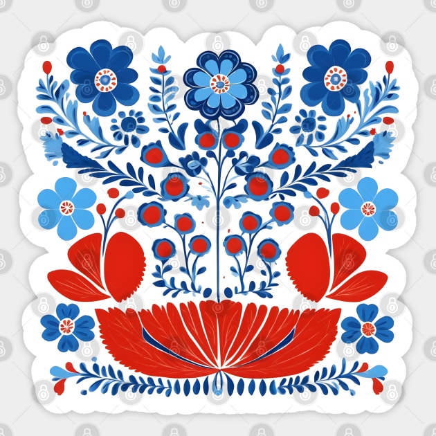 Red and Blue Scandinavian Folk Art Flowers Sticker by craftydesigns